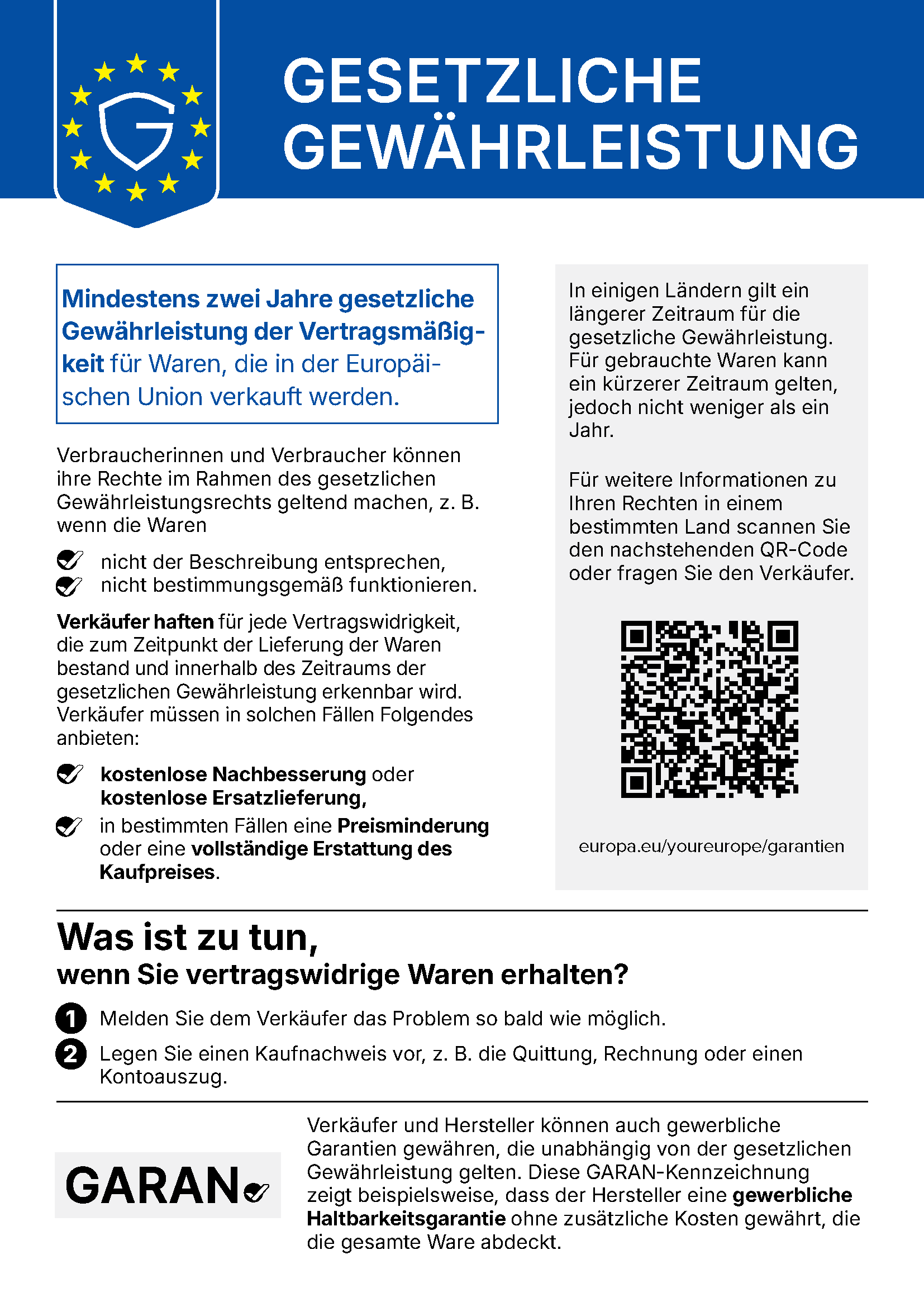 Harmonisierter EU-Hinweis: Gesetzliche Gewährleistung von mindestens 2 Jahren. Bei Mängeln haben Sie Anspruch auf Reparatur oder Ersatz, ggf. Preisminderung oder Vertragsauflösung.